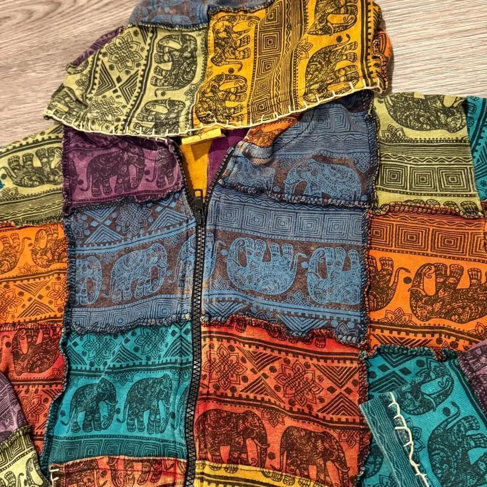 Karma Circle Patchwork Elephant Zip Hoodie Boho Hippie Festival Jacket Small